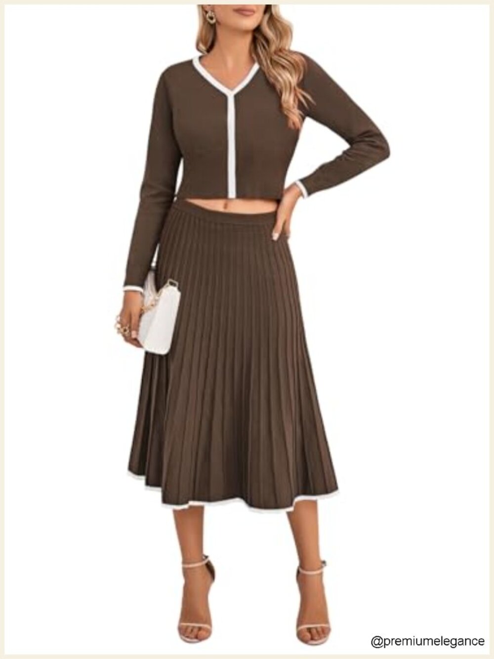 2 Piece Skirt Set Long Sleeve Crop Top Pleated Midi Skirt Ribbed Knit Matching